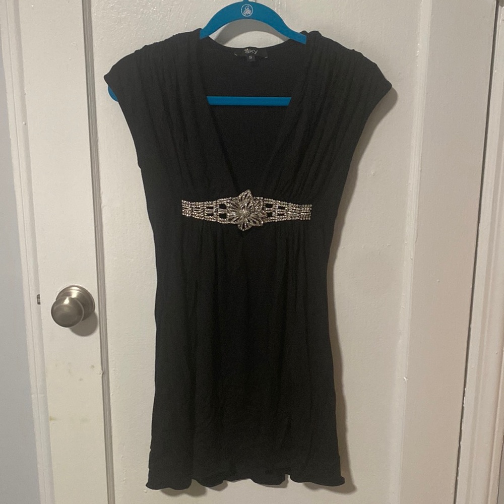 Black Sky Dress, Size small, Flower rhinestone and rhinestones that form a belt